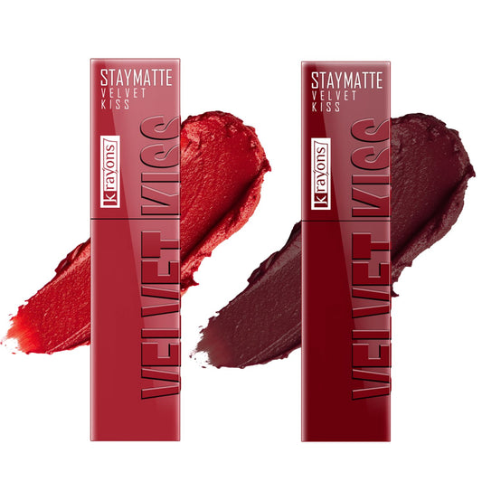 Krayons Velvet Kiss Liquid Lipstick |12hrs long stay|Intense Color Payoff | Weightless Matte Finish | Smudgeproof & Transferproof Lipstick for Women,Lipstick Combo Pack| Scarlet Red,Wow Maroon,7 ml- PACK OF 2