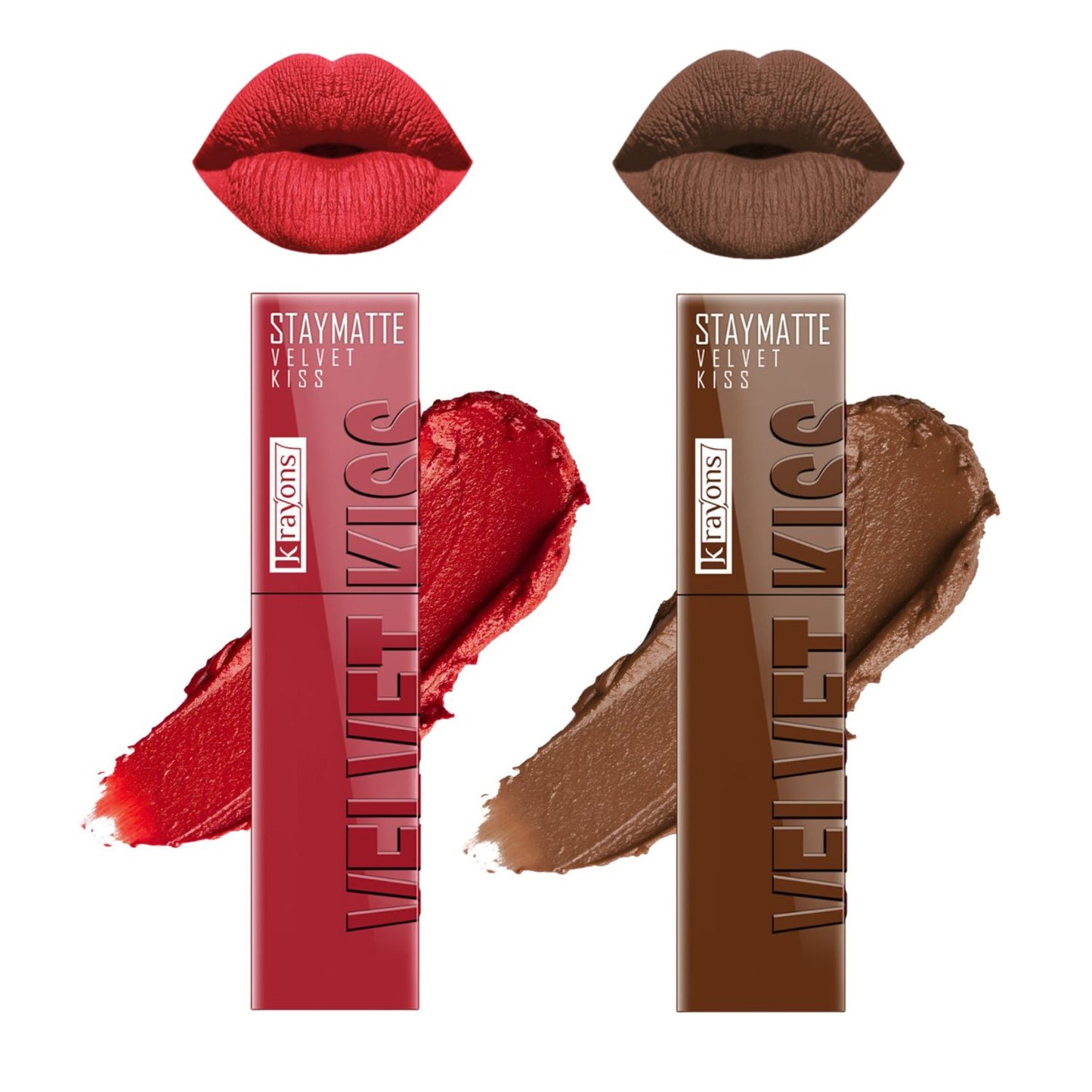 Krayons Velvet Kiss Liquid Lipstick |12hrs long stay|Intense Color Payoff | Weightless Matte Finish | Smudgeproof & Transferproof Lipstick for Women,Lipstick Combo Scarlet Red,Caramel Cand,7 ml- PACK OF 2