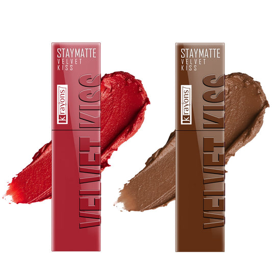 Krayons Velvet Kiss Liquid Lipstick |12hrs long stay|Intense Color Payoff | Weightless Matte Finish | Smudgeproof & Transferproof Lipstick for Women,Lipstick Combo Scarlet Red,Caramel Cand,7 ml- PACK OF 2