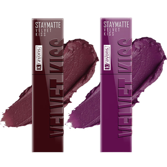 Krayons Velvet Kiss Liquid Lipstick |12hrs long stay|Intense Color Payoff | Weightless Matte Finish | Smudgeproof & Transferproof Lipstick for Women,Lipstick Combo Pack| Burnt Maroon,Burgundy,7 ml- PACK OF 2