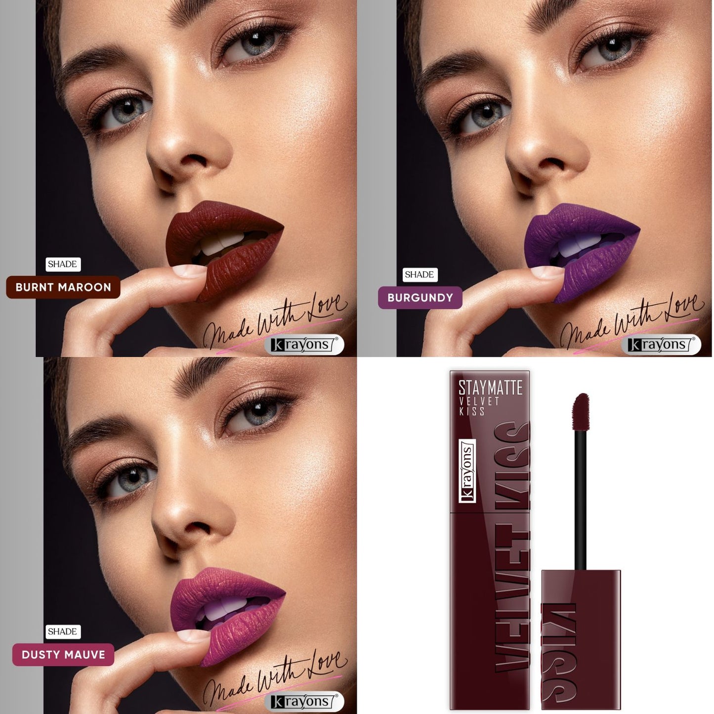 Krayons Velvet Kiss Liquid Lipstick |12hrs long stay|Intense Color Payoff | Weightless Matte Finish | Smudgeproof & Transferproof Lipstick for Women,Lipstick Combo Pack| Burnt Maroon,Burgundy,Dusty Mauve,10.5 ml- PACK OF 3