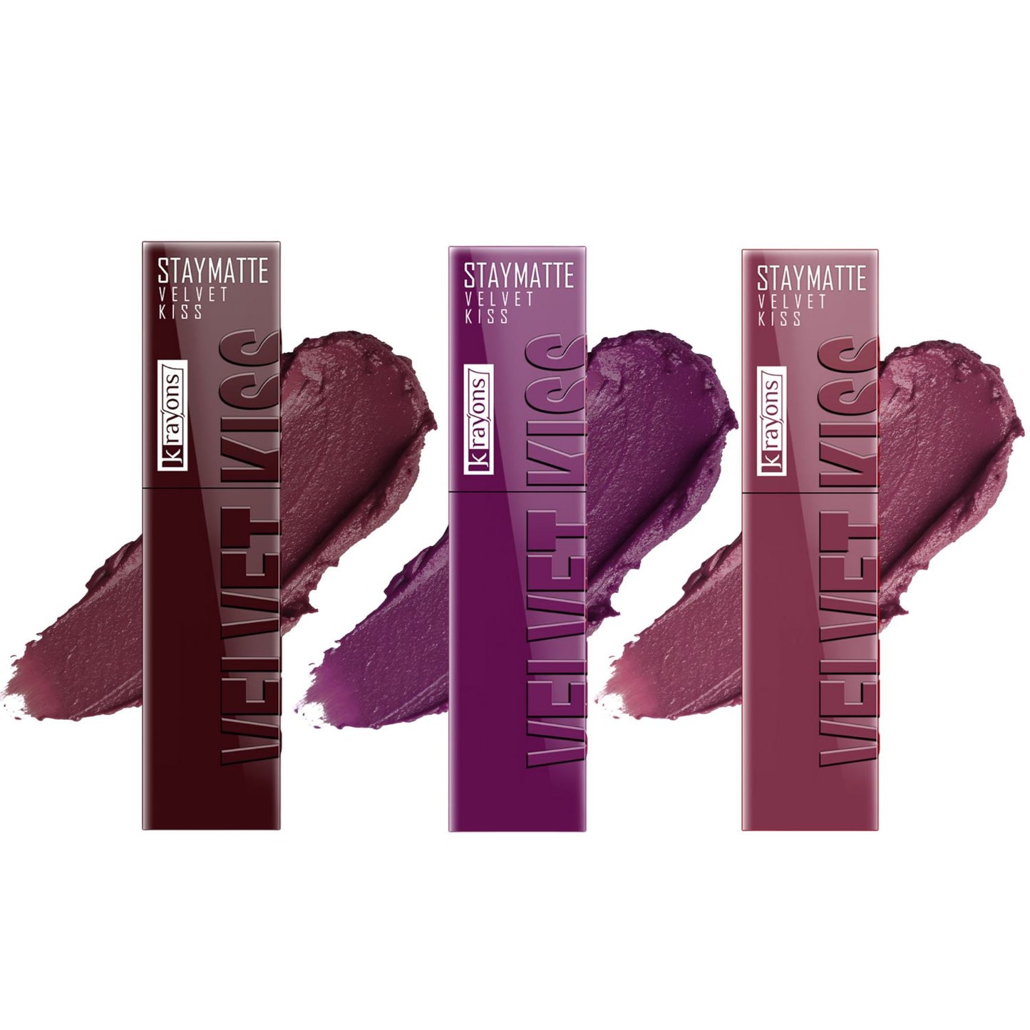 Krayons Velvet Kiss Liquid Lipstick |12hrs long stay|Intense Color Payoff | Weightless Matte Finish | Smudgeproof & Transferproof Lipstick for Women,Lipstick Combo Pack| Burnt Maroon,Burgundy,Dusty Mauve,10.5 ml- PACK OF 3