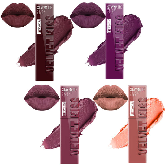 Krayons Velvet Kiss Liquid Lipstick |12hrs long stay|Intense Color Payoff | Weightless Matte Finish | Smudgeproof & Transferproof Lipstick for Women,Lipstick Combo Pack| Burnt Maroon,Burgundy,Dusty Mauve,Sheer Nude,14ml- PACK OF 4