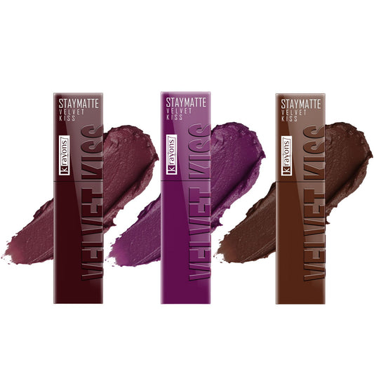 Krayons Velvet Kiss Liquid Lipstick |12hrs long stay|Intense Color Payoff | Weightless Matte Finish | Smudgeproof & Transferproof Lipstick for Women,Lipstick Combo Pack| Burnt Maroon,Burgundy,Dark Chocolate,10.5 ml- PACK OF 3