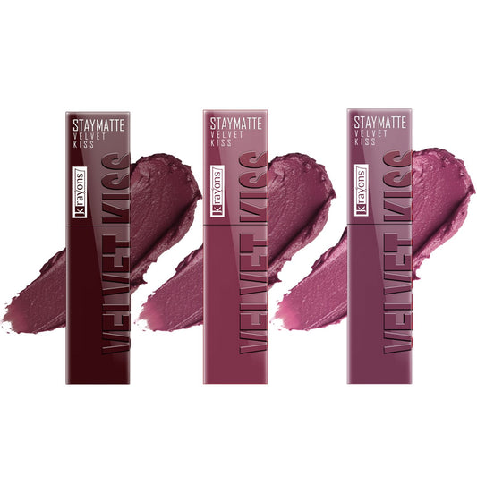 Krayons Velvet Kiss Liquid Lipstick |12hrs long stay|Intense Color Payoff | Weightless Matte Finish | Smudgeproof & Transferproof Lipstick for Women,Lipstick Combo Pack| Burnt Maroon,Dusty Mauve,Orchid Love,10.5 ml- PACK OF 3