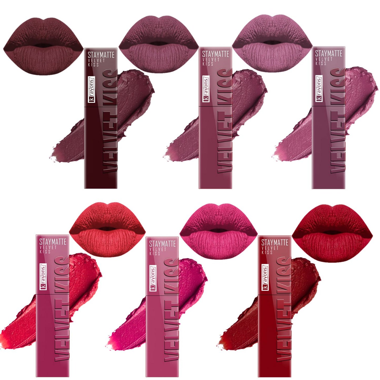 Krayons Velvet Kiss Liquid Lipstick |12hrs long stay|Intense Color Payoff | Weightless Matte Finish | Smudgeproof & Transferproof Lipstick for Women,Lipstick | Burnt Maroon,Dusty Mauve,Orchid Love,Peach Pink,Pink Punch,Ruby Red, 21ml- PACK OF 6