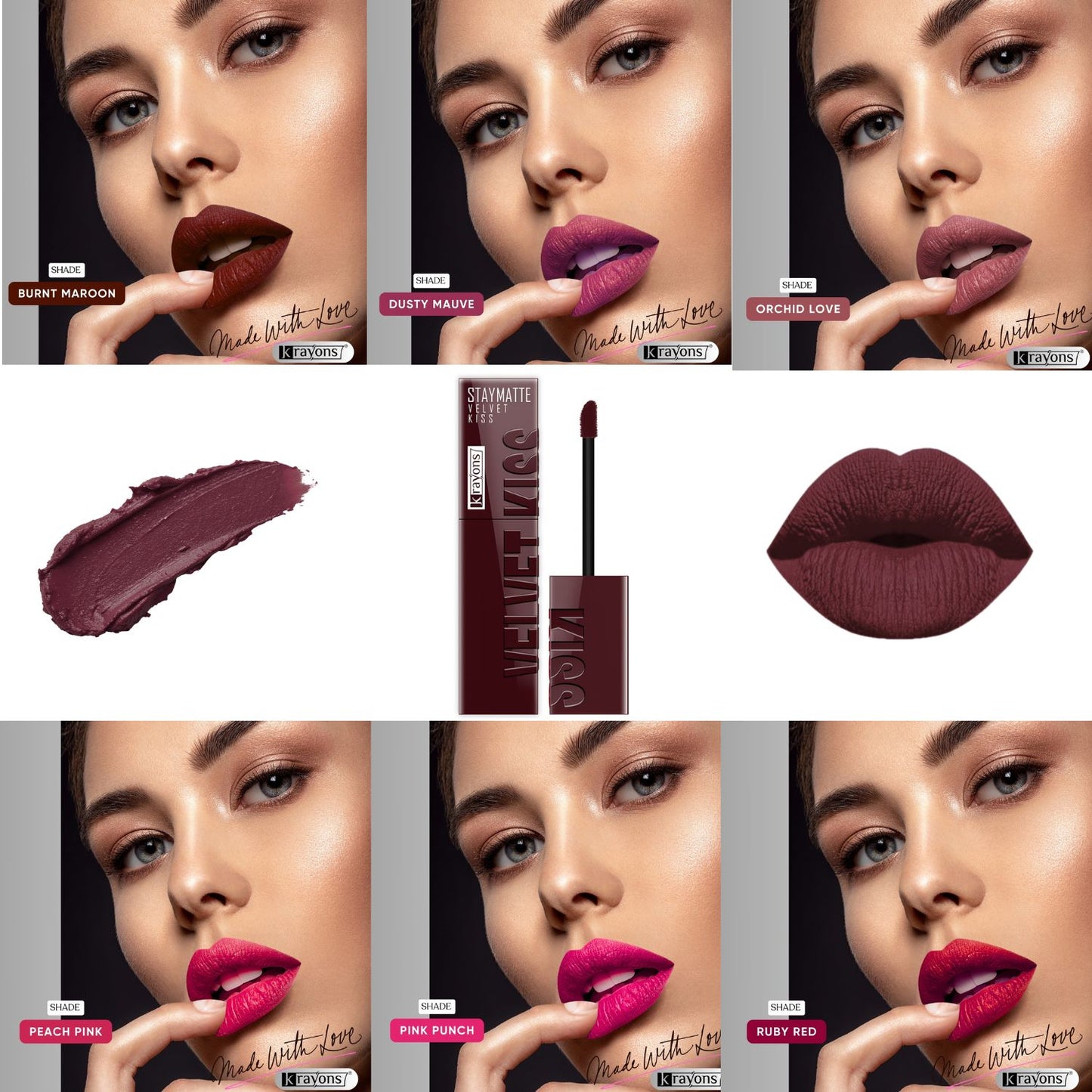 Krayons Velvet Kiss Liquid Lipstick |12hrs long stay|Intense Color Payoff | Weightless Matte Finish | Smudgeproof & Transferproof Lipstick for Women,Lipstick | Burnt Maroon,Dusty Mauve,Orchid Love,Peach Pink,Pink Punch,Ruby Red, 21ml- PACK OF 6
