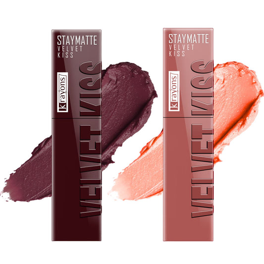 Krayons Velvet Kiss Liquid Lipstick |12hrs long stay|Intense Color Payoff | Weightless Matte Finish | Smudgeproof & Transferproof Lipstick for Women,Lipstick Combo Pack| Burnt Maroon,Sheer Nude,7 ml- PACK OF 2