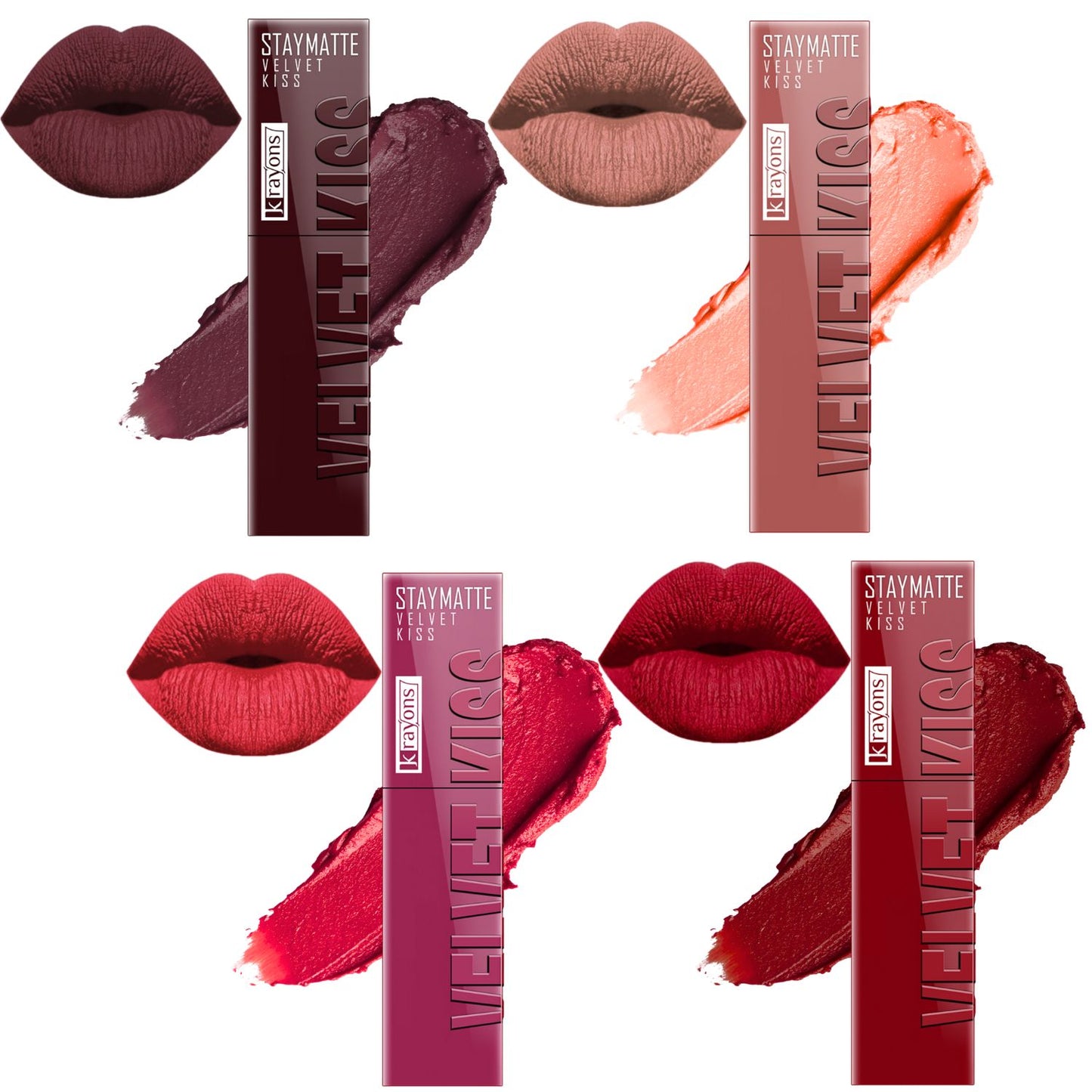 Krayons Velvet Kiss Liquid Lipstick |12hrs long stay|Intense Color Payoff | Weightless Matte Finish | Smudgeproof & Transferproof Lipstick for Women,Lipstick Combo Pack| Burnt Maroon,Sheer Nude,Peach Pink,Ruby Red,14ml- PACK OF 4