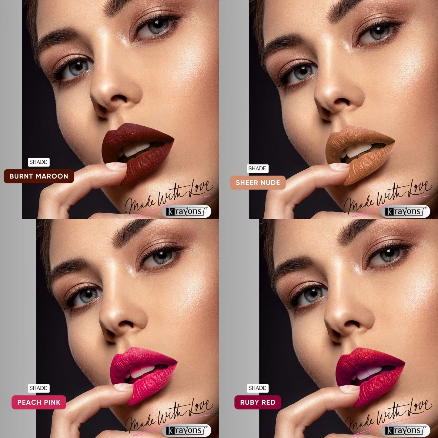 Krayons Velvet Kiss Liquid Lipstick |12hrs long stay|Intense Color Payoff | Weightless Matte Finish | Smudgeproof & Transferproof Lipstick for Women,Lipstick Combo Pack| Burnt Maroon,Sheer Nude,Peach Pink,Ruby Red,14ml- PACK OF 4