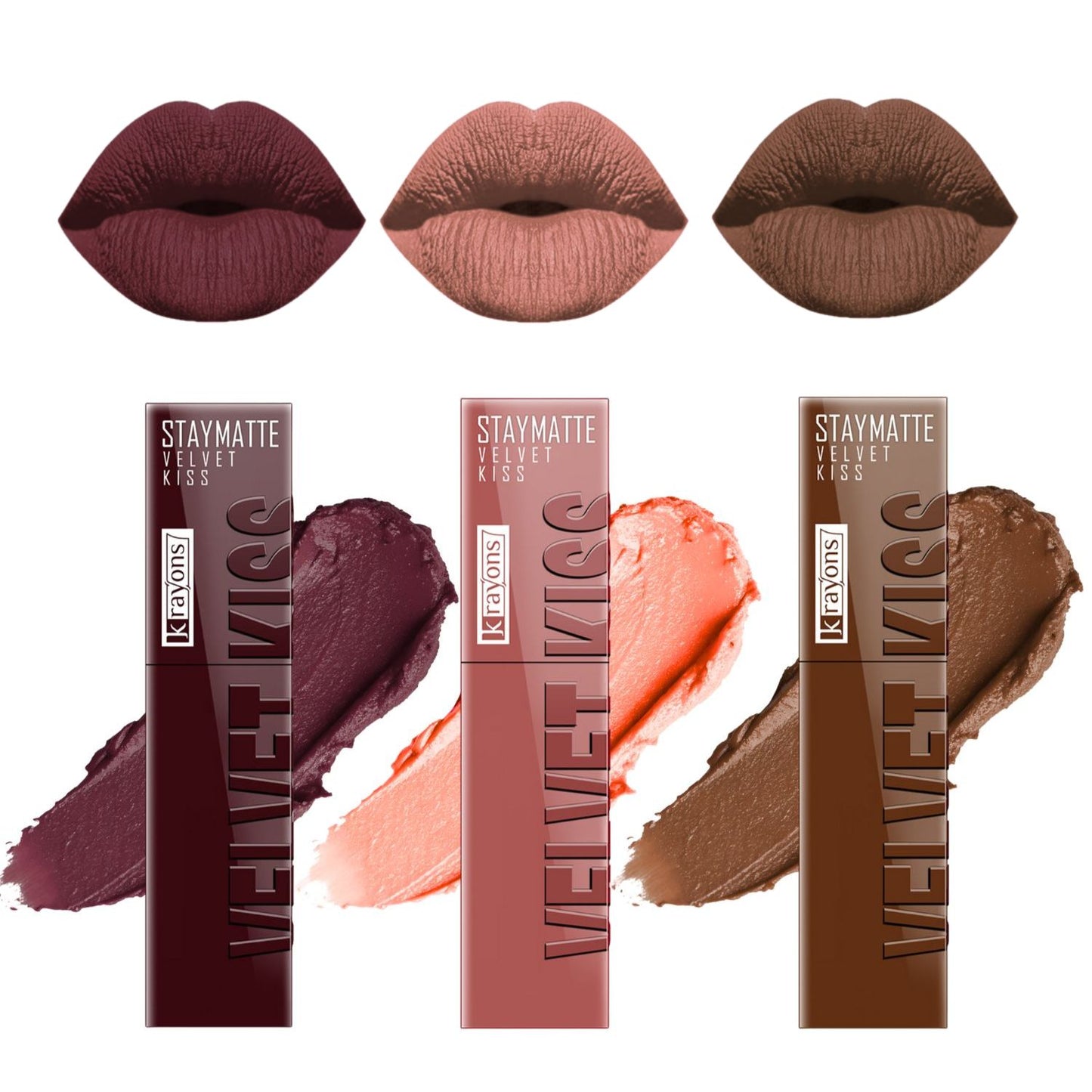 Krayons Velvet Kiss Liquid Lipstick |12hrs long stay|Intense Color Payoff | Weightless Matte Finish | Smudgeproof & Transferproof Lipstick for Women,Lipstick Combo Pack| Burnt Maroon,Sheer Nude,Caramel Candy,10.5 ml- PACK OF 3