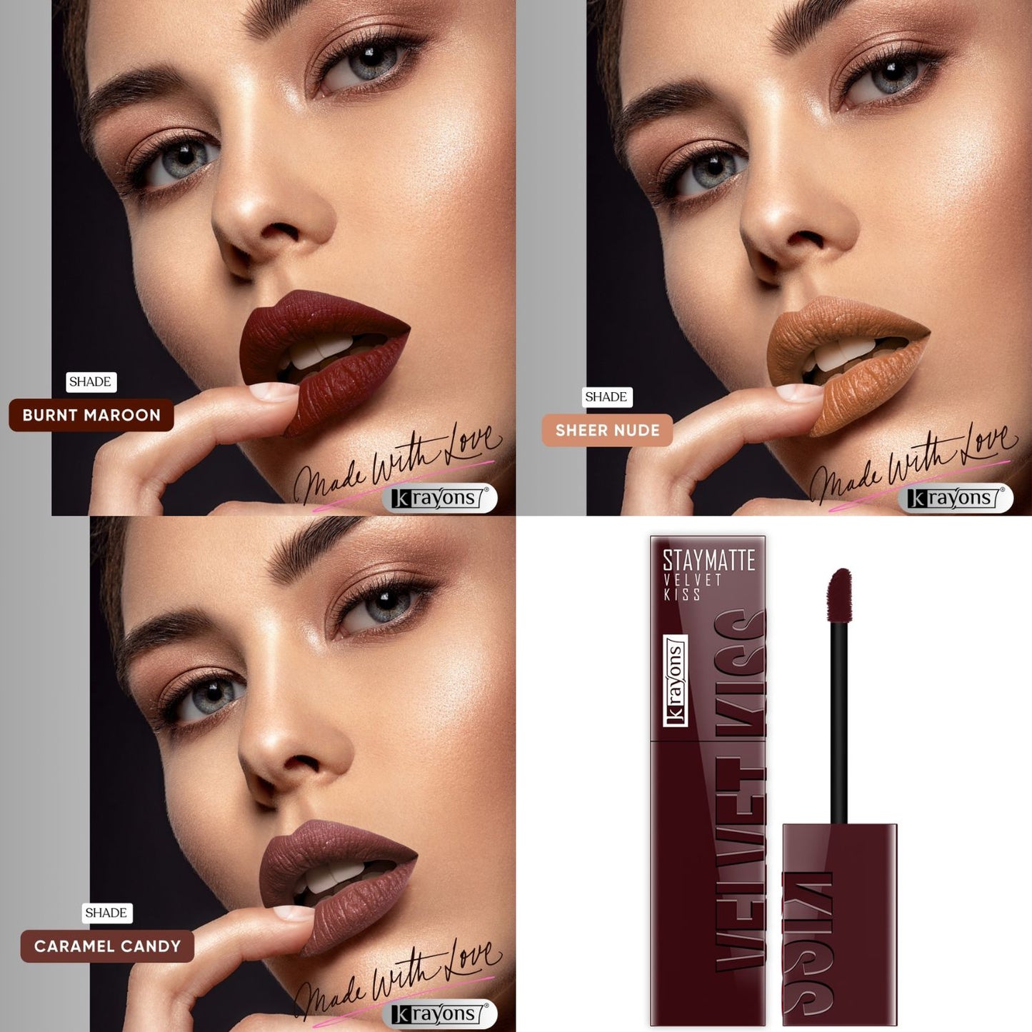 Krayons Velvet Kiss Liquid Lipstick |12hrs long stay|Intense Color Payoff | Weightless Matte Finish | Smudgeproof & Transferproof Lipstick for Women,Lipstick Combo Pack| Burnt Maroon,Sheer Nude,Caramel Candy,10.5 ml- PACK OF 3