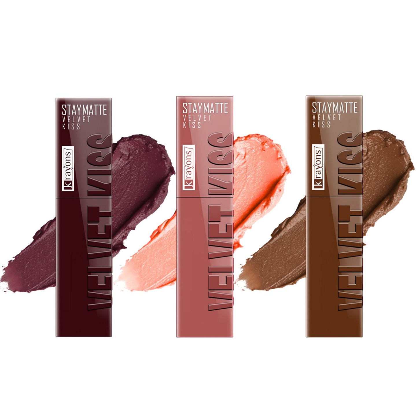 Krayons Velvet Kiss Liquid Lipstick |12hrs long stay|Intense Color Payoff | Weightless Matte Finish | Smudgeproof & Transferproof Lipstick for Women,Lipstick Combo Pack| Burnt Maroon,Sheer Nude,Caramel Candy,10.5 ml- PACK OF 3