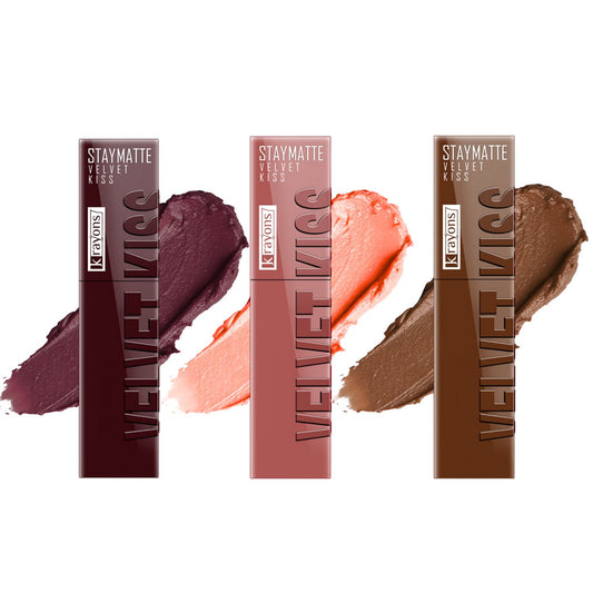 Krayons Velvet Kiss Liquid Lipstick |12hrs long stay|Intense Color Payoff | Weightless Matte Finish | Smudgeproof & Transferproof Lipstick for Women,Lipstick Combo Pack| Burnt Maroon,Sheer Nude,Caramel Candy,10.5 ml- PACK OF 3