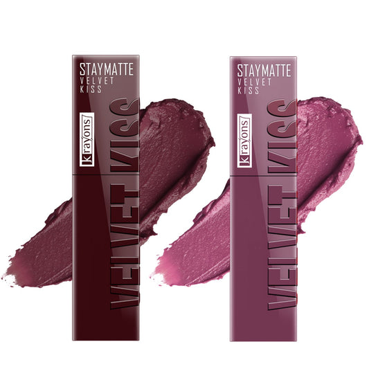 Krayons Velvet Kiss Liquid Lipstick |12hrs long stay|Intense Color Payoff | Weightless Matte Finish | Smudgeproof & Transferproof Lipstick for Women,Lipstick Combo Pack| Burnt Maroon,Orchid Love,7 ml- PACK OF 2