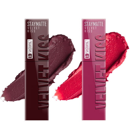 Krayons Velvet Kiss Liquid Lipstick |12hrs long stay|Intense Color Payoff | Weightless Matte Finish | Smudgeproof & Transferproof Lipstick for Women,Lipstick Combo Pack| Burnt Maroon,Peach Pink,7 ml- PACK OF 2