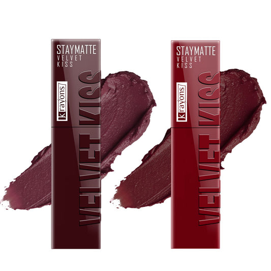Krayons Velvet Kiss Liquid Lipstick |12hrs long stay|Intense Color Payoff | Weightless Matte Finish | Smudgeproof & Transferproof Lipstick for Women,Lipstick Combo Pack| Burnt Maroon,Wow Maroon,7 ml- PACK OF 2
