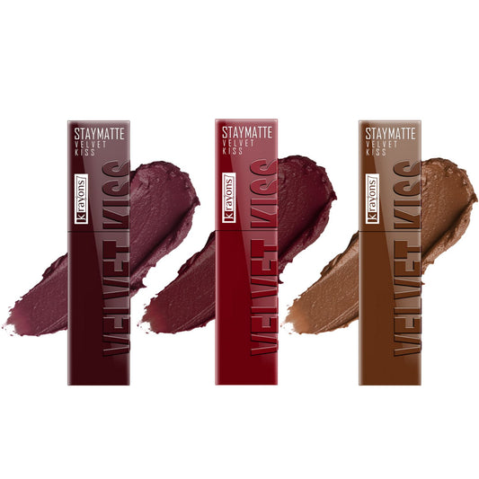 Krayons Velvet Kiss Liquid Lipstick |12hrs long stay|Intense Color Payoff | Weightless Matte Finish | Smudgeproof & Transferproof Lipstick for Women,Lipstick Combo Pack| Burnt Maroon,Wow Maroon,Caramel Candy,10.5 ml- PACK OF 3