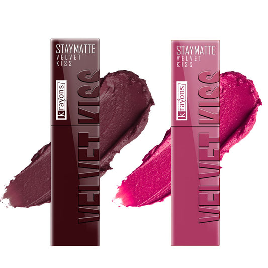 Krayons Velvet Kiss Liquid Lipstick |12hrs long stay|Intense Color Payoff | Weightless Matte Finish | Smudgeproof & Transferproof Lipstick for Women,Lipstick Combo Pack| Burnt Maroon,Pink Punch,7 ml- PACK OF 2