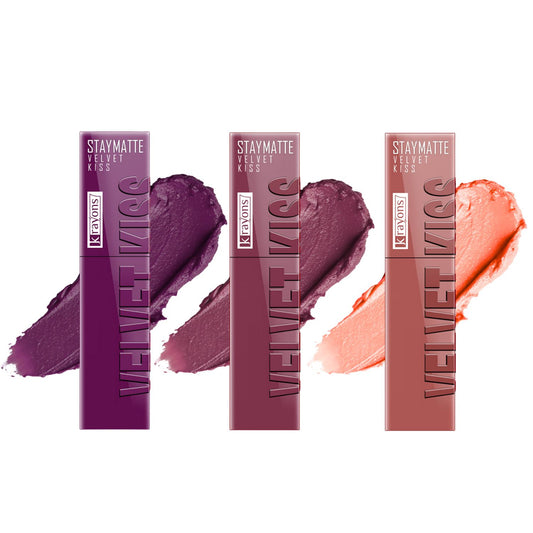 Krayons Velvet Kiss Liquid Lipstick |12hrs long stay|Intense Color Payoff | Weightless Matte Finish | Smudgeproof & Transferproof Lipstick for Women,Lipstick Combo Pack| Burgundy,Dusty Mauve,Sheer Nude,10.5 ml- PACK OF 3