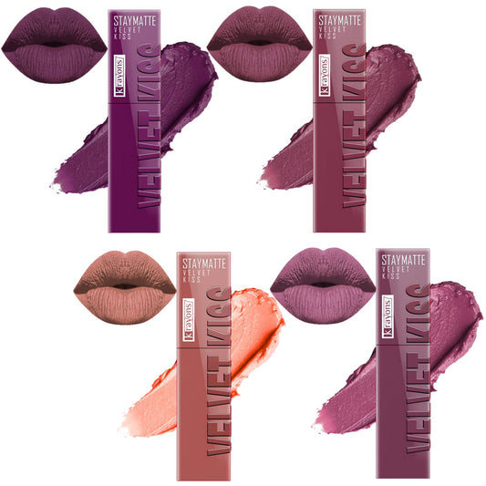 Krayons Velvet Kiss Liquid Lipstick |12hrs long stay|Intense Color Payoff | Weightless Matte Finish | Smudgeproof & Transferproof Lipstick for Women,Lipstick Combo Pack| Burgundy,Dusty Mauve,Sheer Nude,Orchid Love,14ml- PACK OF 4