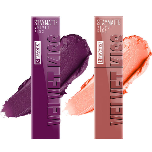 Krayons Velvet Kiss Liquid Lipstick |12hrs long stay|Intense Color Payoff | Weightless Matte Finish | Smudgeproof & Transferproof Lipstick for Women,Lipstick Combo Pack| Burgundy,Sheer Nude,7 ml- PACK OF 2