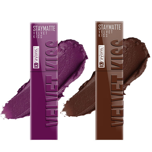 Krayons Velvet Kiss Liquid Lipstick |12hrs long stay|Intense Color Payoff | Weightless Matte Finish | Smudgeproof & Transferproof Lipstick for Women,Lipstick Combo Pack| Burgundy,Dark Chocolate,7 ml- PACK OF 2