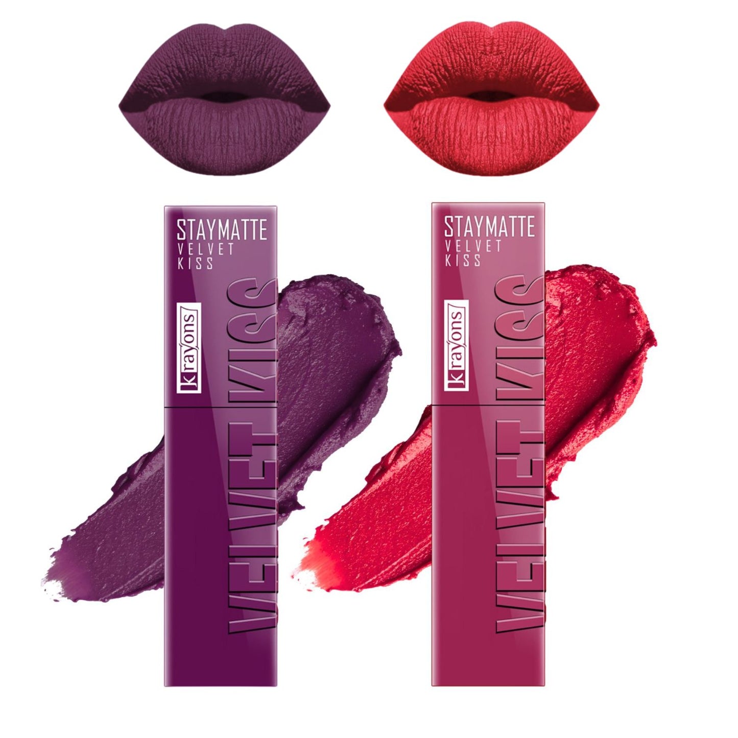Krayons Velvet Kiss Liquid Lipstick |12hrs long stay|Intense Color Payoff | Weightless Matte Finish | Smudgeproof & Transferproof Lipstick for Women,Lipstick Combo Pack| Burgundy,Peach Pink,7 ml- PACK OF 2