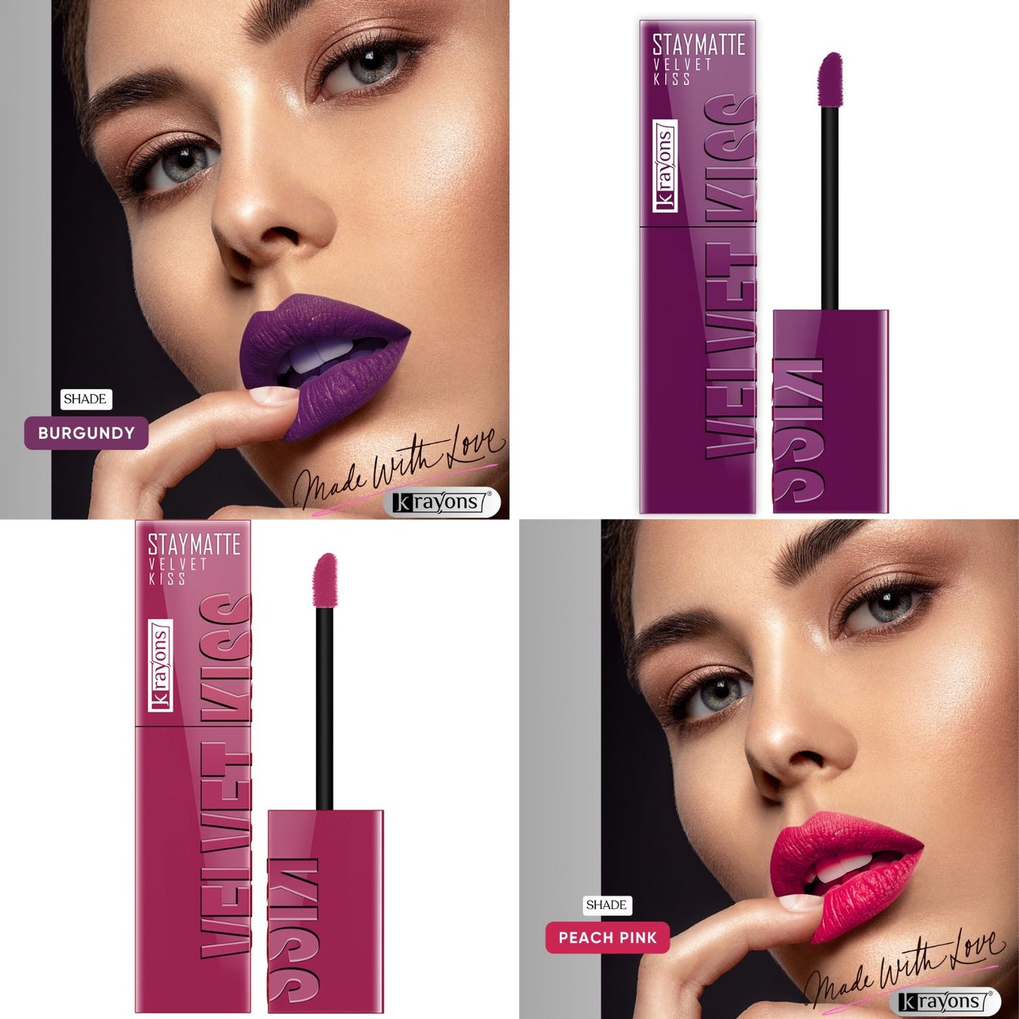 Krayons Velvet Kiss Liquid Lipstick |12hrs long stay|Intense Color Payoff | Weightless Matte Finish | Smudgeproof & Transferproof Lipstick for Women,Lipstick Combo Pack| Burgundy,Peach Pink,7 ml- PACK OF 2