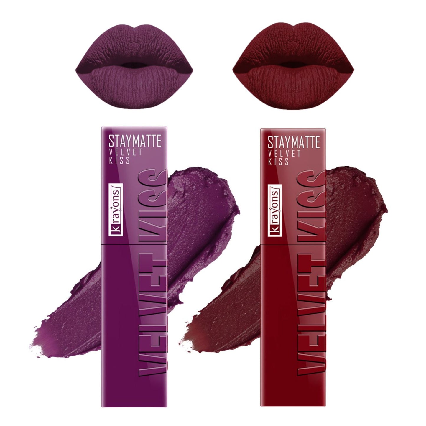 Krayons Velvet Kiss Liquid Lipstick |12hrs long stay|Intense Color Payoff | Weightless Matte Finish | Smudgeproof & Transferproof Lipstick for Women,Lipstick Combo Pack| Burgundy,Wow Maroon,7 ml- PACK OF 2