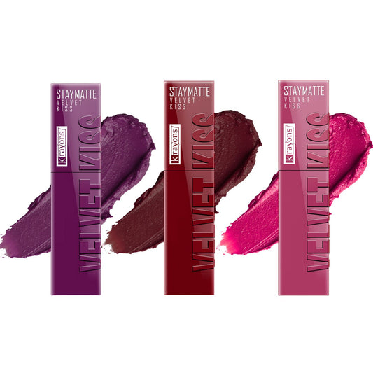 Krayons Velvet Kiss Liquid Lipstick |12hrs long stay|Intense Color Payoff | Weightless Matte Finish | Smudgeproof & Transferproof Lipstick for Women,Lipstick Combo Pack| Burgundy,Wow Maroon,Pink Punch,10.5 ml- PACK OF 3