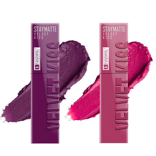 Krayons Velvet Kiss Liquid Lipstick |12hrs long stay|Intense Color Payoff | Weightless Matte Finish | Smudgeproof & Transferproof Lipstick for Women,Lipstick Combo Pack| Burgundy,Pink Punch,7 ml- PACK OF 2