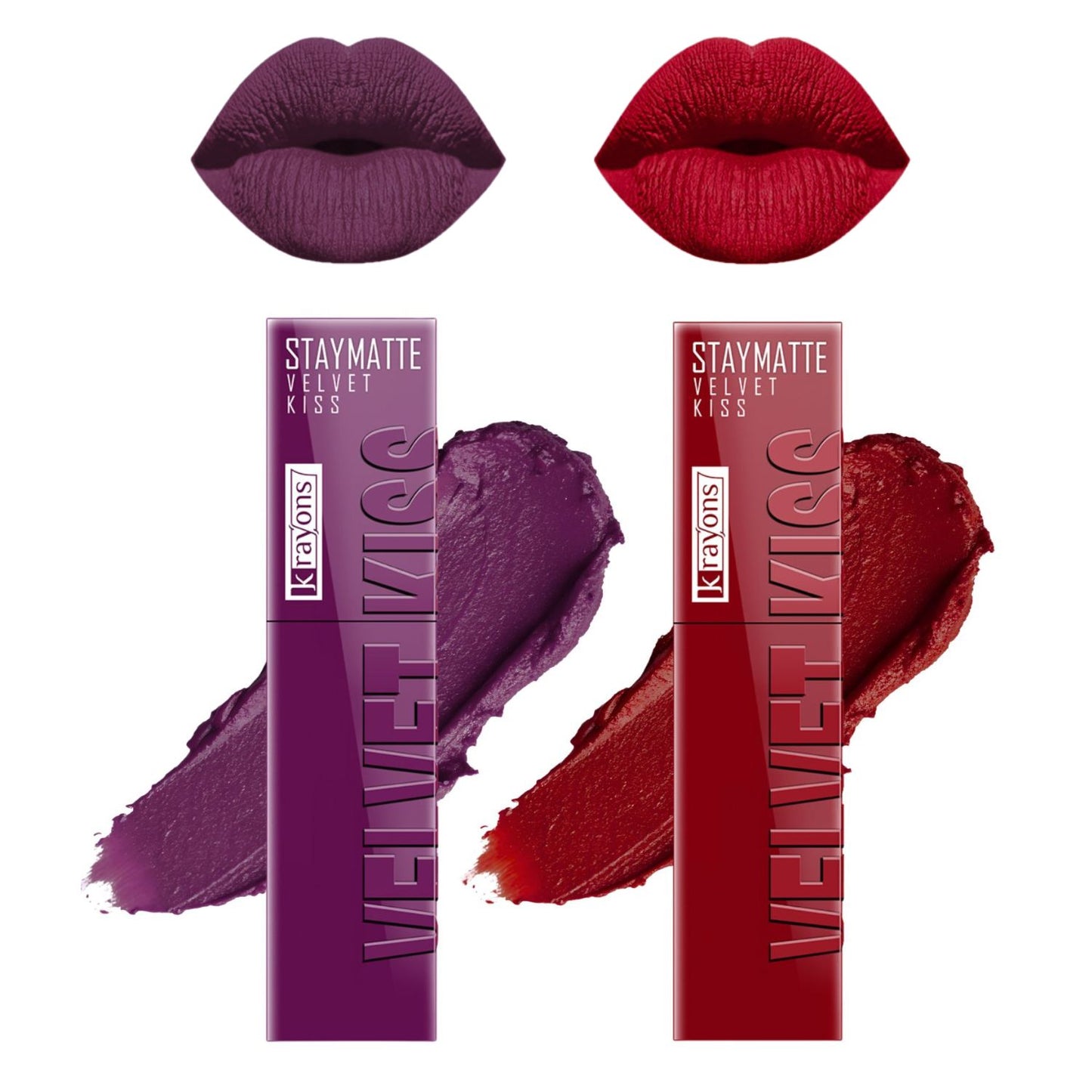 Krayons Velvet Kiss Liquid Lipstick |12hrs long stay|Intense Color Payoff | Weightless Matte Finish | Smudgeproof & Transferproof Lipstick for Women,Lipstick Combo Pack| Burgundy,Ruby Red,7 ml- PACK OF 2