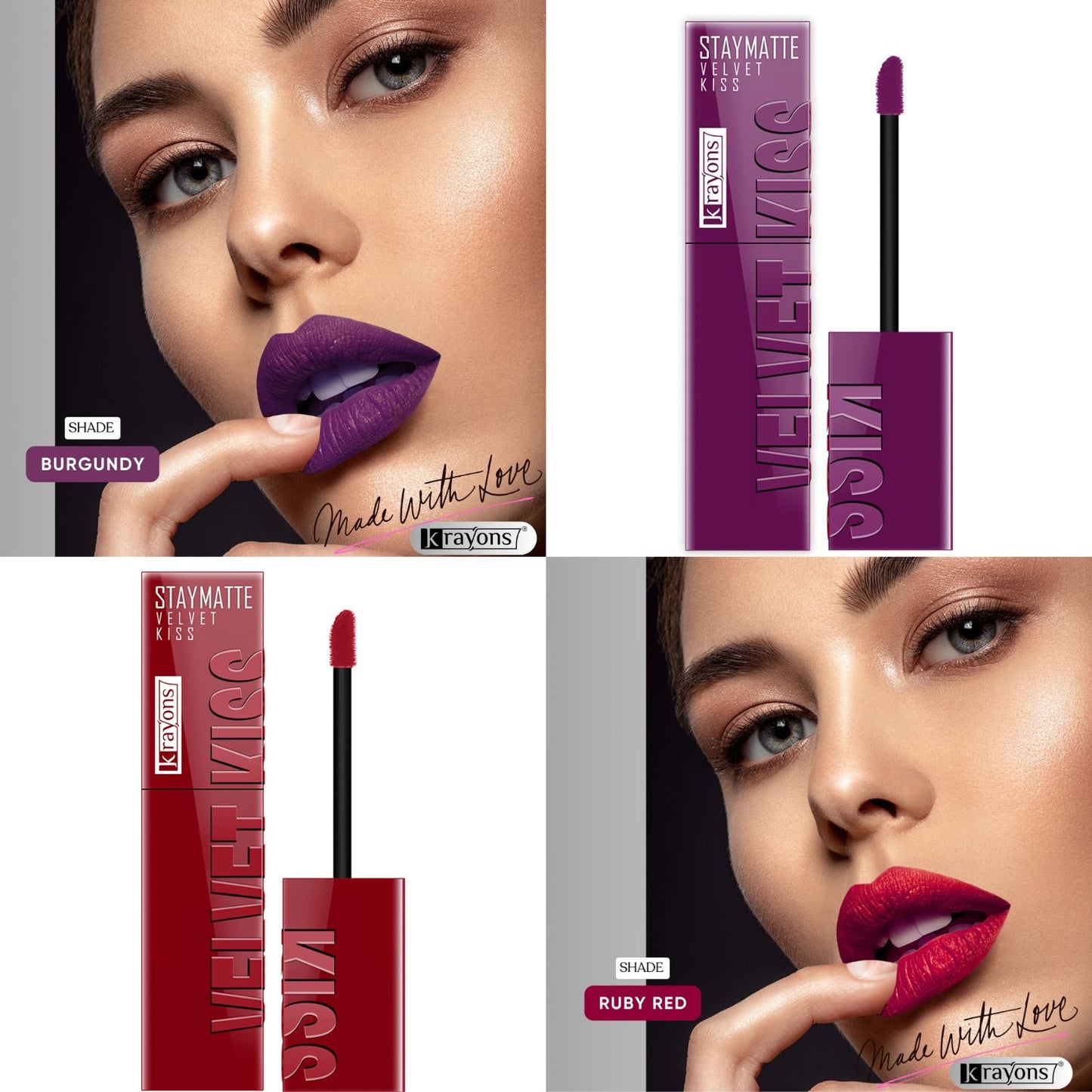 Krayons Velvet Kiss Liquid Lipstick |12hrs long stay|Intense Color Payoff | Weightless Matte Finish | Smudgeproof & Transferproof Lipstick for Women,Lipstick Combo Pack| Burgundy,Ruby Red,7 ml- PACK OF 2