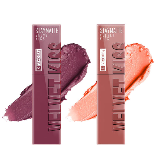 Krayons Velvet Kiss Liquid Lipstick |12hrs long stay|Intense Color Payoff | Weightless Matte Finish | Smudgeproof & Transferproof Lipstick for Women,Lipstick Combo Pack| Dusty Mauve,Sheer Nude,7 ml- PACK OF 2