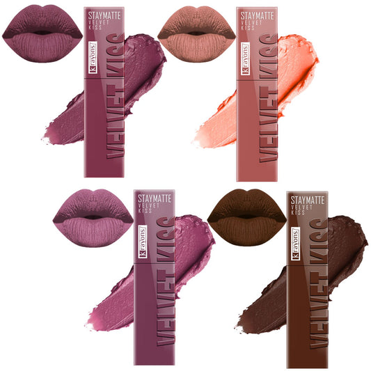 Krayons Velvet Kiss Liquid Lipstick |12hrs long stay|Intense Color Payoff | Weightless Matte Finish | Smudgeproof & Transferproof Lipstick for Women,Lipstick Combo Pack| Dusty Mauve,Sheer Nude,Orchid Love,Dark Chocolate,14ml- PACK OF 4