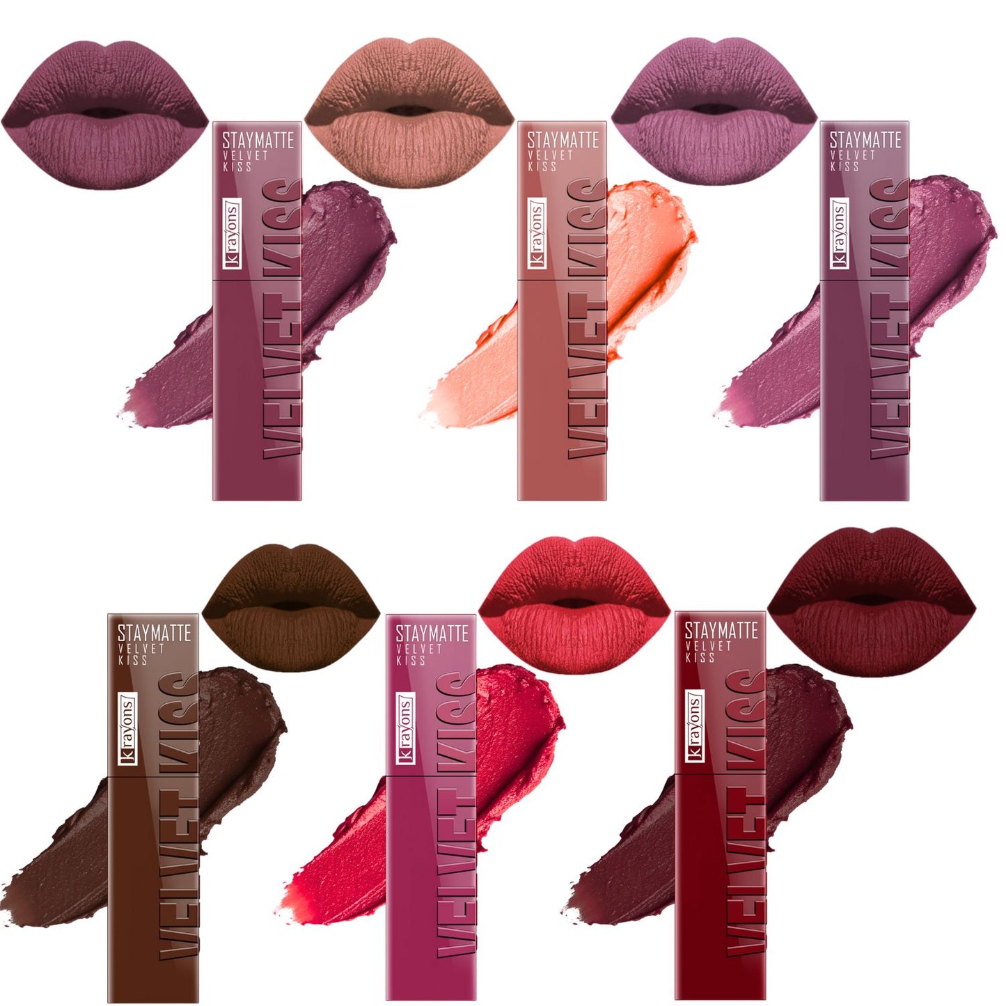 Krayons Velvet Kiss Liquid Lipstick |12hrs long stay|Intense Color Payoff | Weightless Matte Finish | Smudgeproof & Transferproof Lipstick for Women,Lipstick | Dusty Mauve,Sheer Nude,Orchid Love,Dark Chocolate,Peach Pink,Wow Maroon, 21ml- PACK OF 6