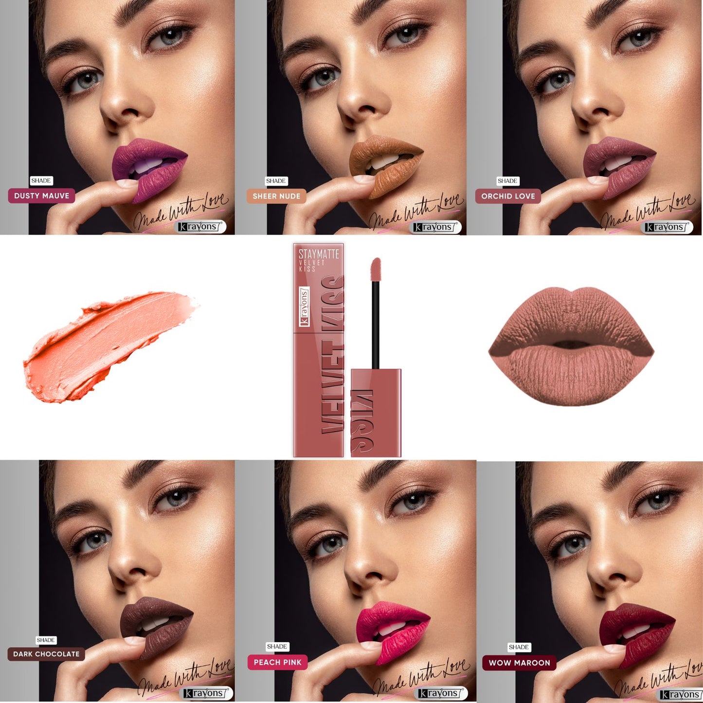 Krayons Velvet Kiss Liquid Lipstick |12hrs long stay|Intense Color Payoff | Weightless Matte Finish | Smudgeproof & Transferproof Lipstick for Women,Lipstick | Dusty Mauve,Sheer Nude,Orchid Love,Dark Chocolate,Peach Pink,Wow Maroon, 21ml- PACK OF 6