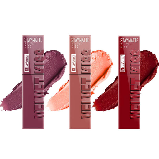 Krayons Velvet Kiss Liquid Lipstick |12hrs long stay|Intense Color Payoff | Weightless Matte Finish | Smudgeproof & Transferproof Lipstick for Women,Lipstick Combo Pack| Dusty Mauve,Sheer Nude,Ruby Red,10.5 ml- PACK OF 3