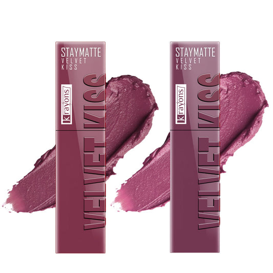 Krayons Velvet Kiss Liquid Lipstick |12hrs long stay|Intense Color Payoff | Weightless Matte Finish | Smudgeproof & Transferproof Lipstick for Women,Lipstick Combo Pack| Burnt Maroon,Dusty Mauve,7 ml- PACK OF 2
