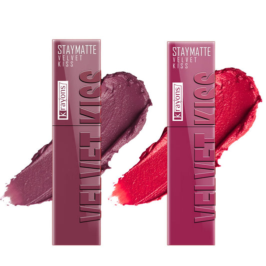 Krayons Velvet Kiss Liquid Lipstick |12hrs long stay|Intense Color Payoff | Weightless Matte Finish | Smudgeproof & Transferproof Lipstick for Women,Lipstick Combo Pack| Dusty Mauve,Peach Pink,7 ml- PACK OF 2