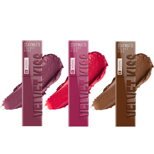Krayons Velvet Kiss Liquid Lipstick |12hrs long stay|Intense Color Payoff | Weightless Matte Finish | Smudgeproof & Transferproof Lipstick for Women,Lipstick Combo Pack| Dusty Mauve,Peach Pink,Caramel Candy,10.5 ml- PACK OF 3
