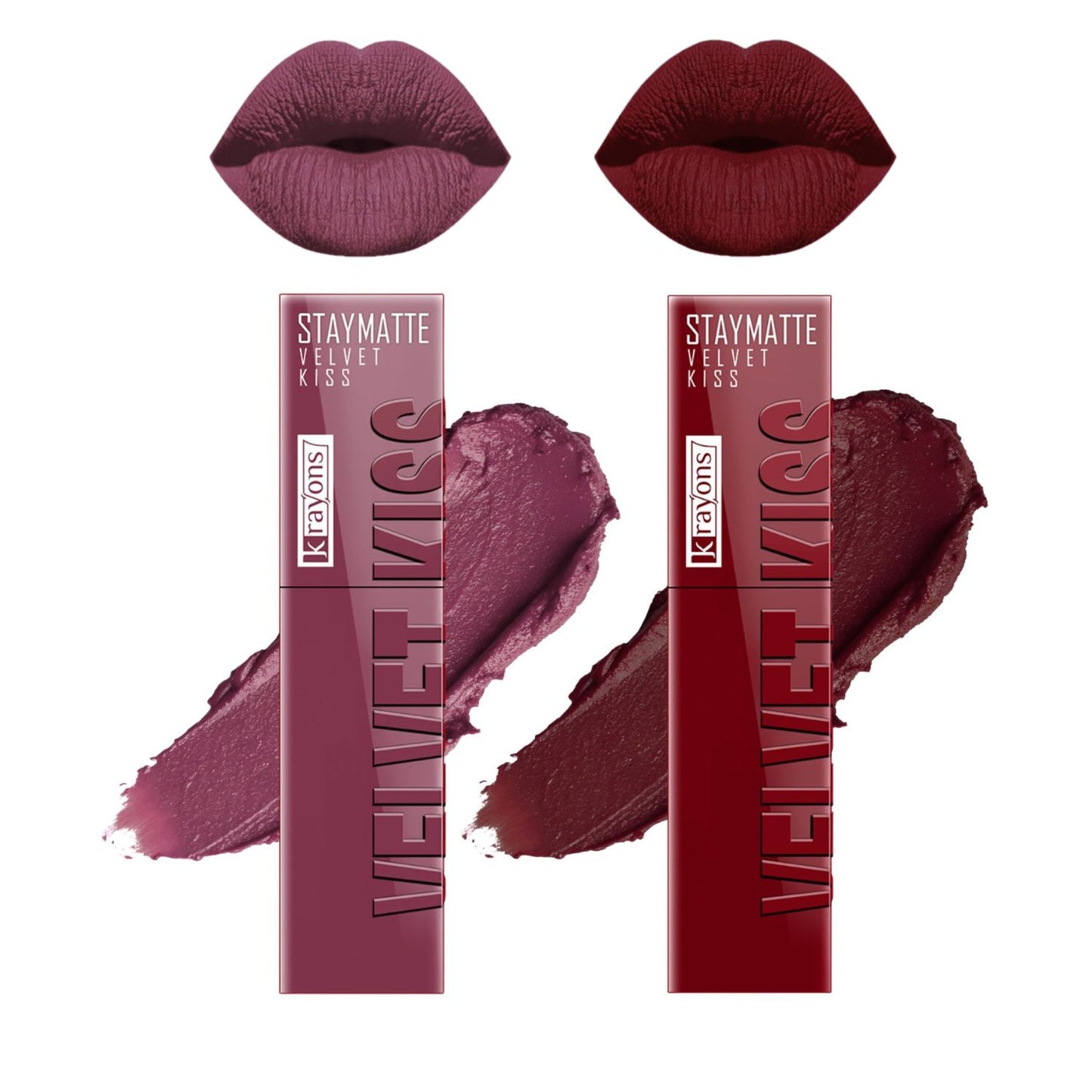 Krayons Velvet Kiss Liquid Lipstick |12hrs long stay|Intense Color Payoff | Weightless Matte Finish | Smudgeproof & Transferproof Lipstick for Women,Lipstick Combo Pack| Dusty Mauve,Wow Maroon,7 ml- PACK OF 2