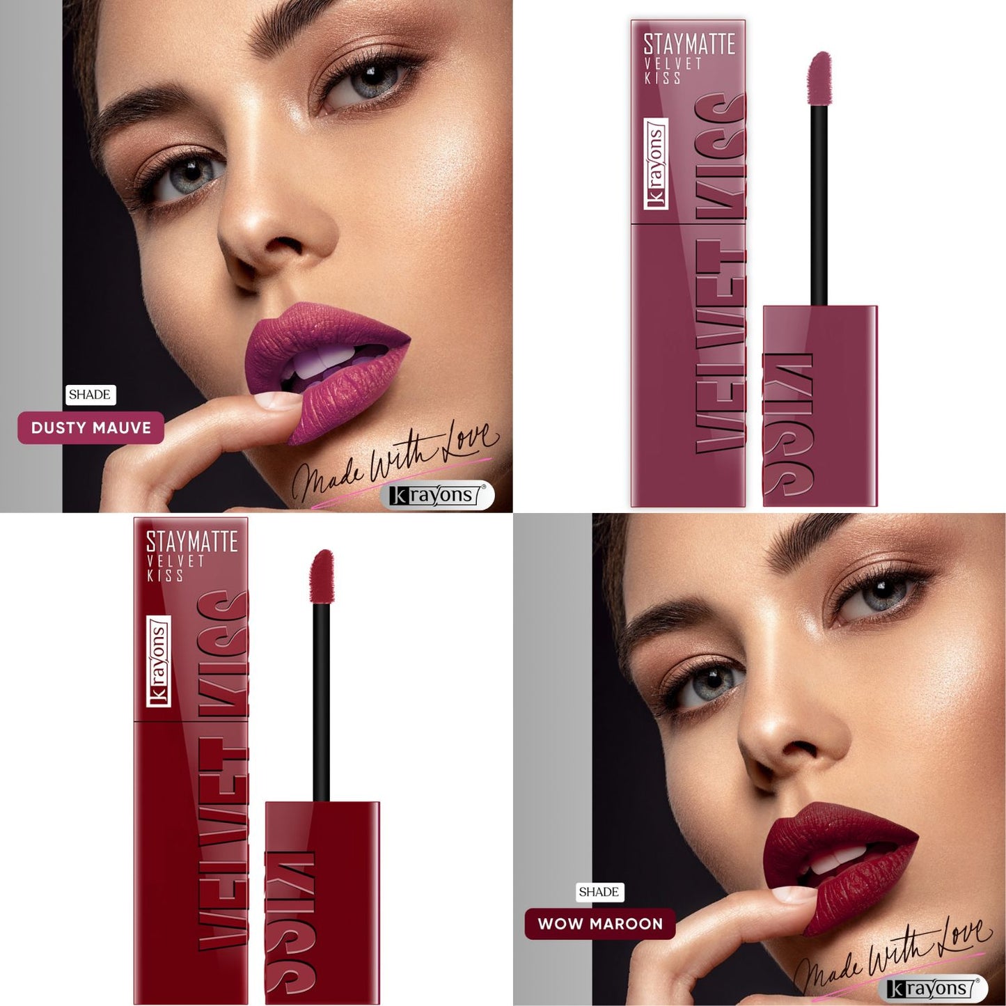 Krayons Velvet Kiss Liquid Lipstick |12hrs long stay|Intense Color Payoff | Weightless Matte Finish | Smudgeproof & Transferproof Lipstick for Women,Lipstick Combo Pack| Dusty Mauve,Wow Maroon,7 ml- PACK OF 2