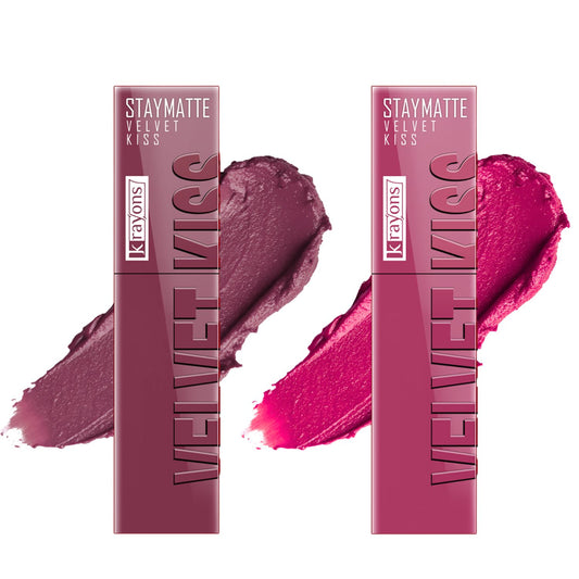 Krayons Velvet Kiss Liquid Lipstick |12hrs long stay|Intense Color Payoff | Weightless Matte Finish | Smudgeproof & Transferproof Lipstick for Women,Lipstick Combo Pack| Dusty Mauve,Pink Punch,7 ml- PACK OF 2