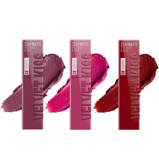 Krayons Velvet Kiss Liquid Lipstick |12hrs long stay|Intense Color Payoff | Weightless Matte Finish | Smudgeproof & Transferproof Lipstick for Women,Lipstick Combo Pack| Dusty Mauve,Pink Punch,Ruby Red,10.5 ml- PACK OF 3