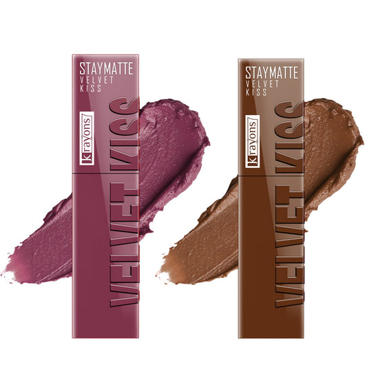 Krayons Velvet Kiss Liquid Lipstick |12hrs long stay|Intense Color Payoff | Weightless Matte Finish | Smudgeproof & Transferproof Lipstick for Women,Lipstick Combo Pack| Dusty Mauve,Caramel Candy,7 ml- PACK OF 2