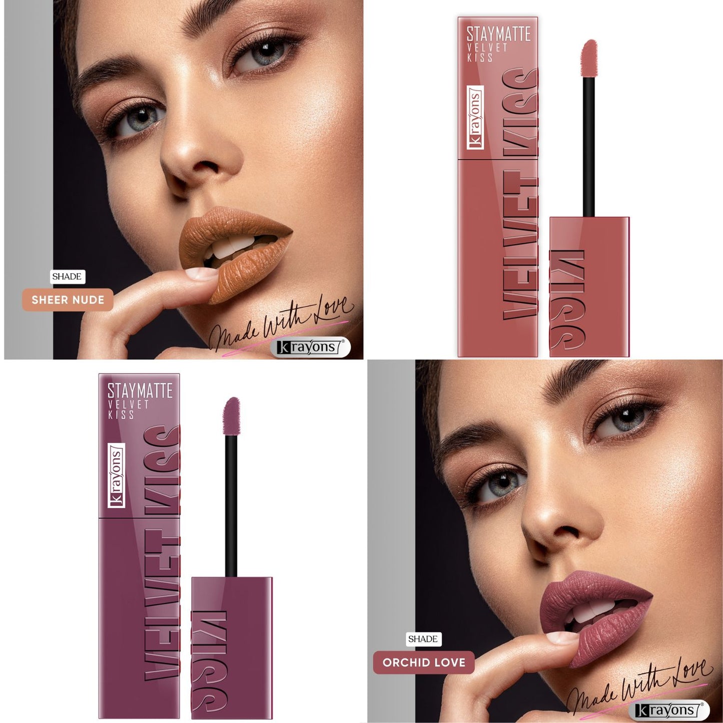 Krayons Velvet Kiss Liquid Lipstick |12hrs long stay|Intense Color Payoff | Weightless Matte Finish | Smudgeproof & Transferproof Lipstick for Women,Lipstick Combo Pack| Sheer Nude,Orchid Love,7 ml- PACK OF 2