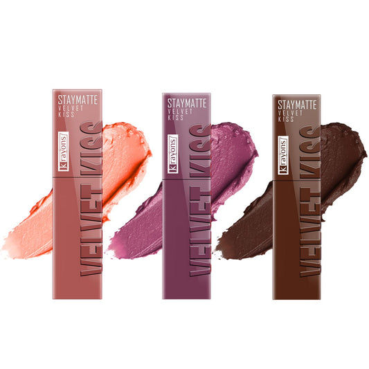 Krayons Velvet Kiss Liquid Lipstick |12hrs long stay|Intense Color Payoff | Weightless Matte Finish | Smudgeproof & Transferproof Lipstick for Women,Lipstick Combo Pack| Sheer Nude,Orchid Love,Dark Chocolate,10.5 ml- PACK OF 3