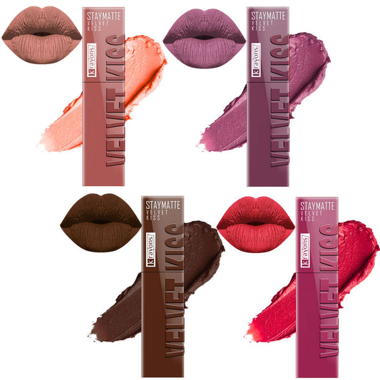 Krayons Velvet Kiss Liquid Lipstick |12hrs long stay|Intense Color Payoff | Weightless Matte Finish | Smudgeproof & Transferproof Lipstick for Women,Lipstick Combo Pack| Sheer Nude,Orchid Love,Dark Chocolate,Peach Pink,14ml- PACK OF 4